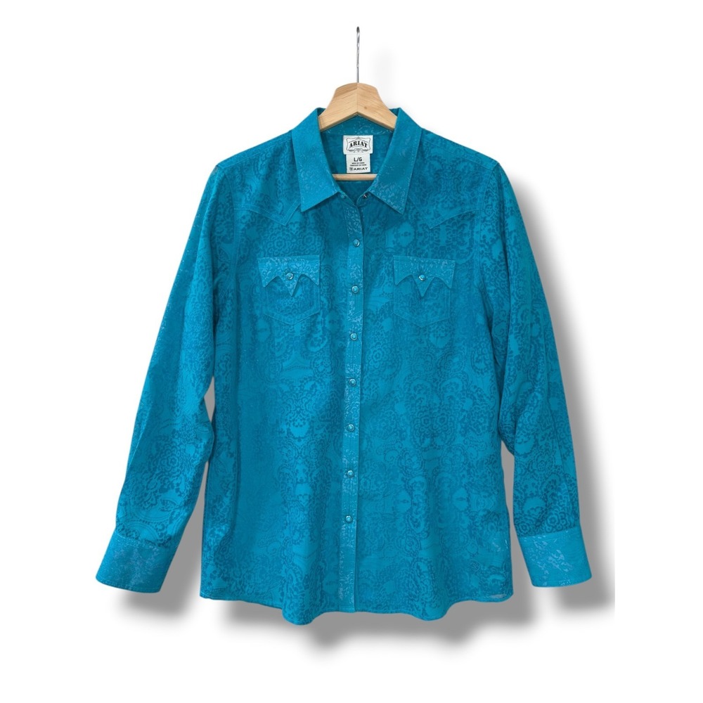 Ariat Teal Blue Paisley Floral Burnout Western Snap Long Sleeve Shirt Women's L